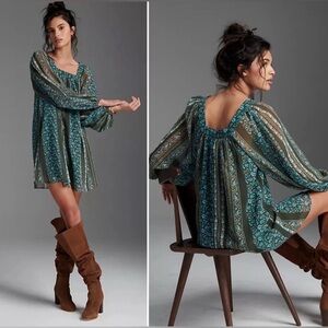 Anthropologie Women’s Blue Green Floral Sona Tunic Mini Dress Size Small‎